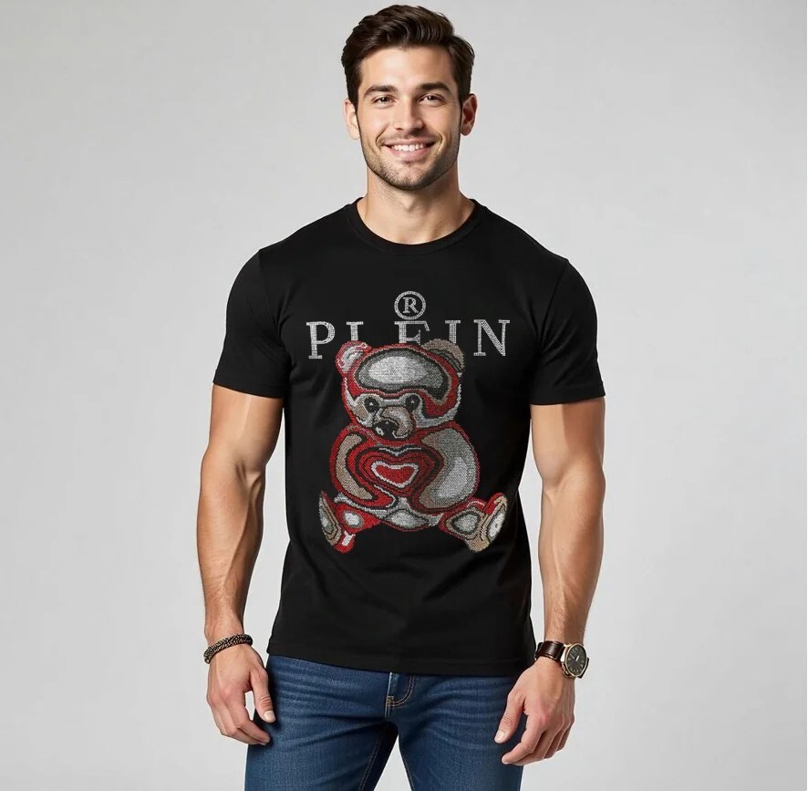 New Fashion Rhinestones Crazy Bear Luxury Men Black White T-Shirt High Quality