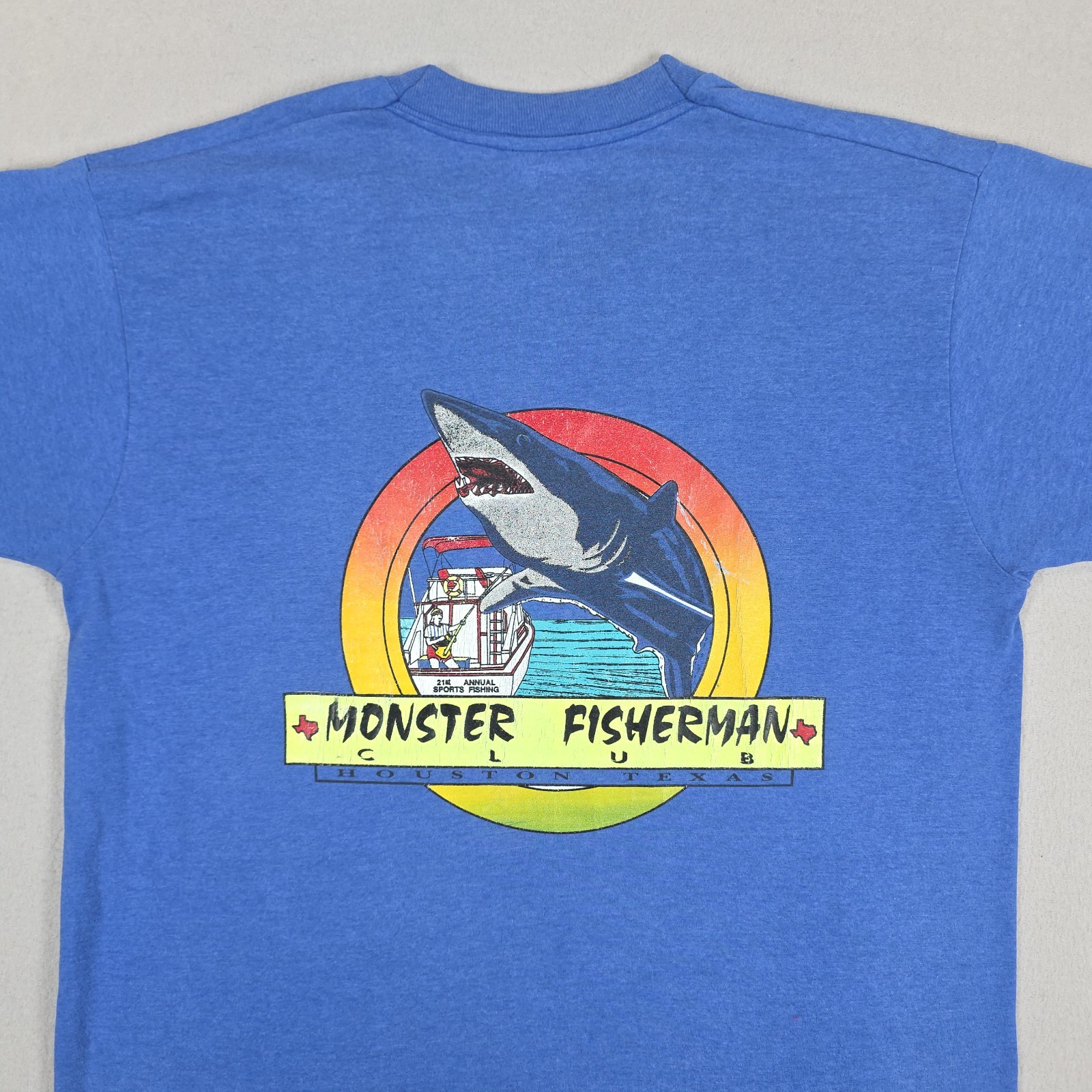 Vintage Monster Fisherman Shirt Mens Large Blue Huston Texas Club Shark Jaws gallery