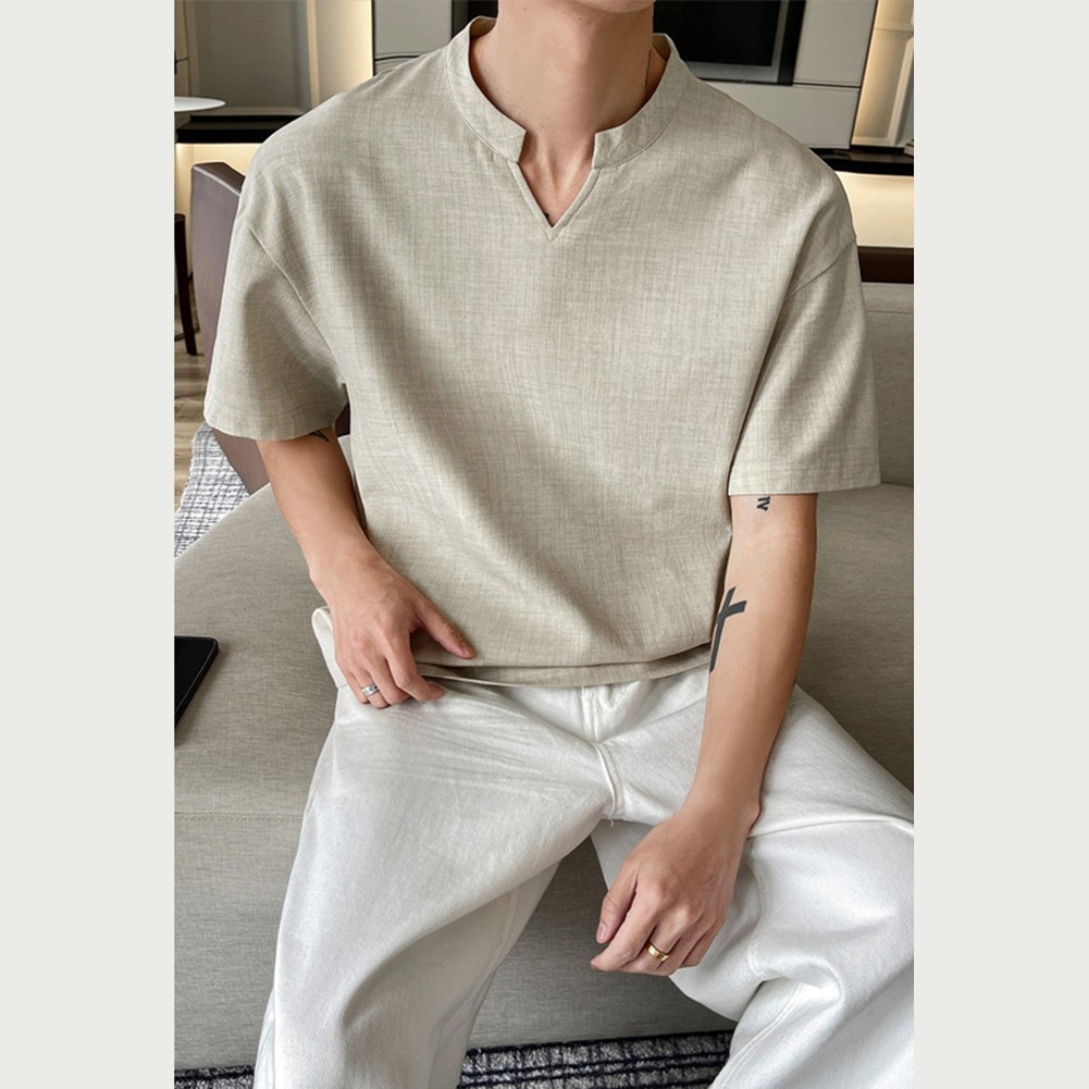 Loose Fit Men's T-Shirt Imitation Linen V Neck Short Sleeve Summer Top gallery