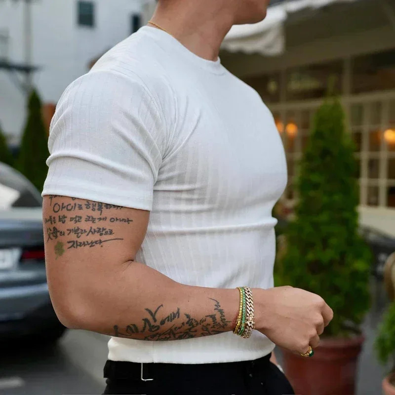 2025Summer Fashion Solid Color Ribbed Slim T Shirts Men Streetwear Classic Simpl gallery