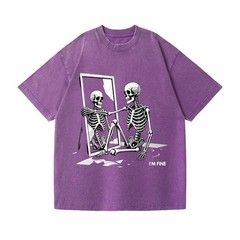 Funny Sarcastic “I’m Fine” Skeleton Graphic Washed Streetwear T-Shirt