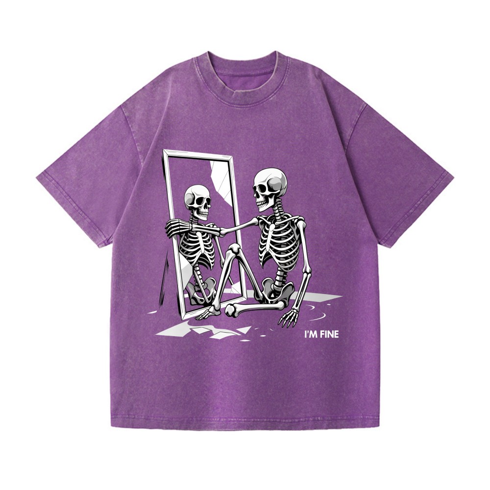 Funny Sarcastic "I'm Fine" Skeleton Graphic Washed Streetwear T-Shirt gallery