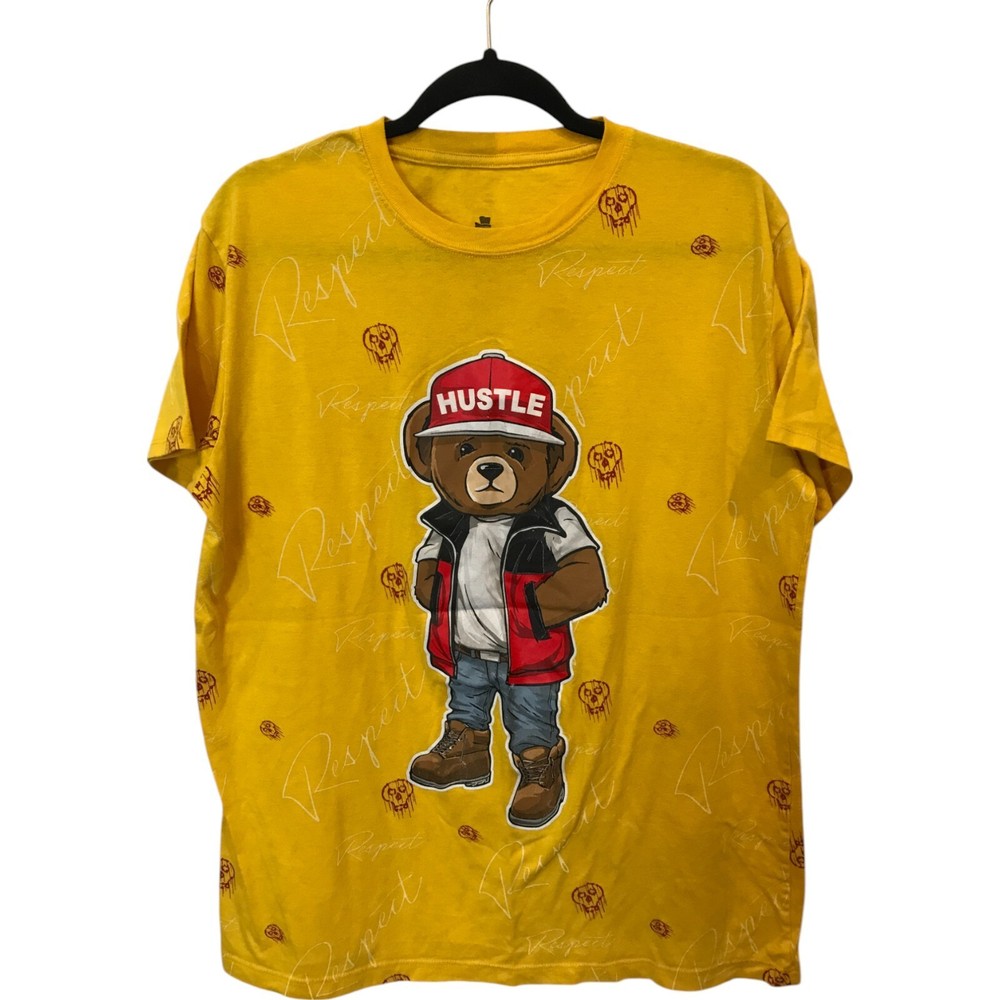 Bailey Apparel Launder Hustle Bear Shirt Mens Size L Yellow Graphic Short Sleeve