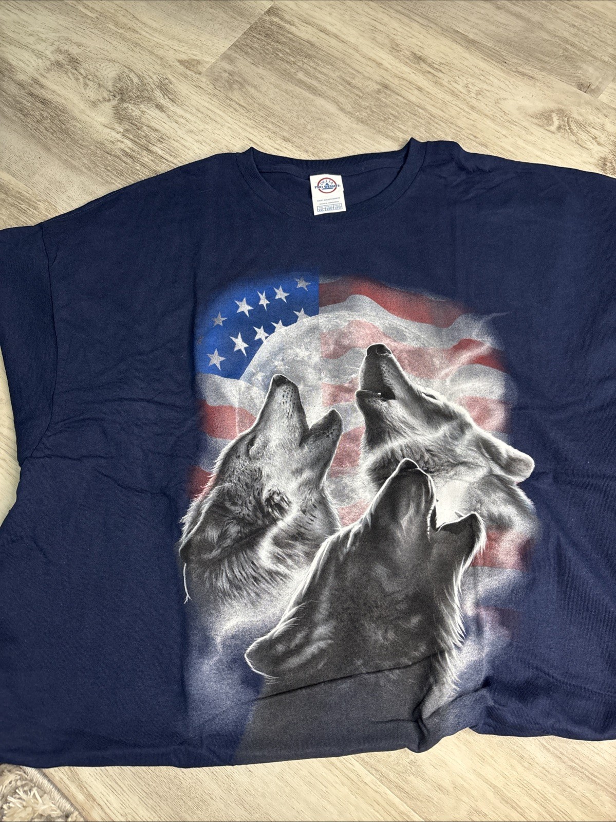 Vintage Y2K American Flag Bandan Wolves Shirt Blue American Pride 2XL -New