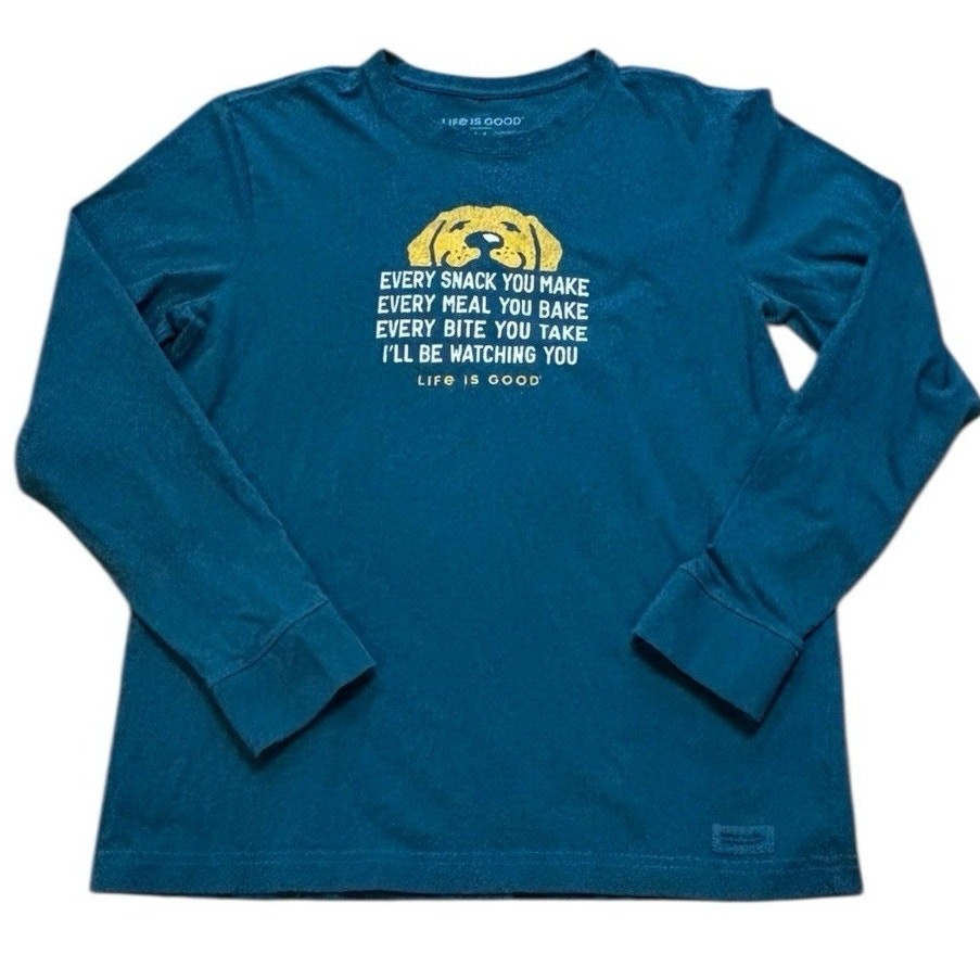 Life Is Good Crusher Tee Dog Watching You Eat Teal Blue Green Cotton Mens Medium
