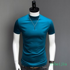 Mens Summer Half High Collar Silk Cotton Short Sleeved Slim Fit Shirts Comfort