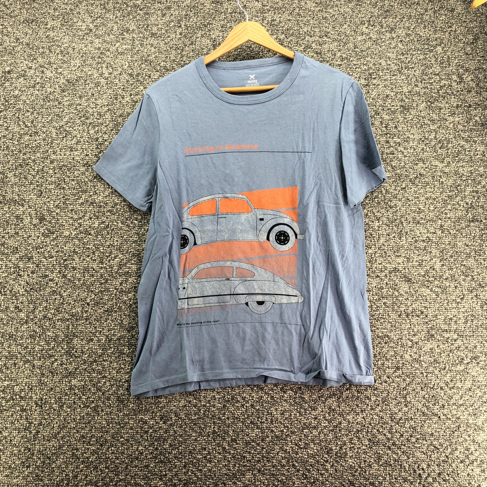 Hering Tee T-Shirt Blue Mens Sz S Running to Nowhere Classic Cars