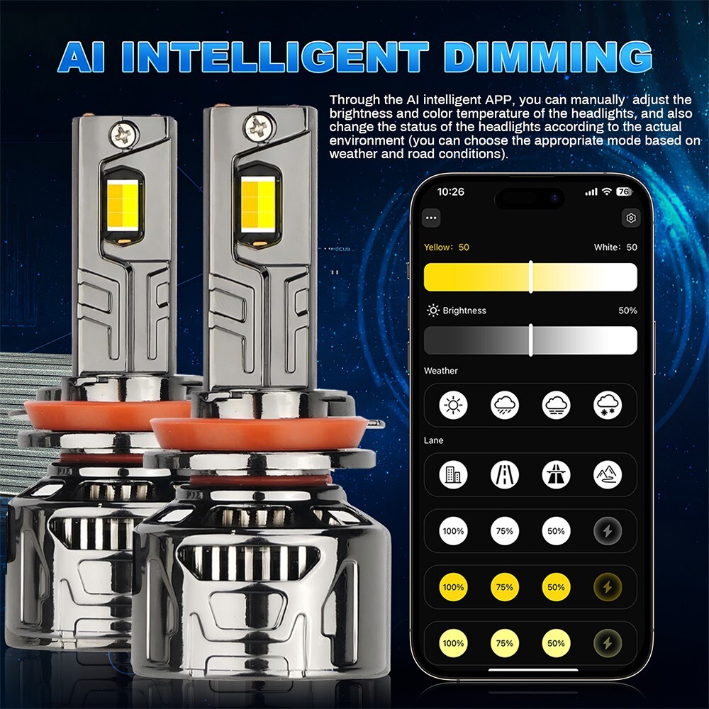 H8/H11 LED Headlight Kit Bulbs 80W With Bluetooth APP Phone Control