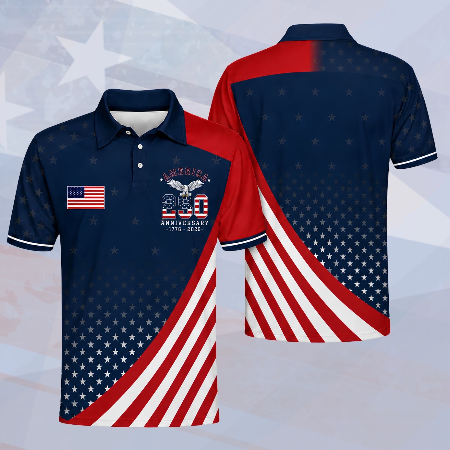 Gradient 250th Anniversary Golf Polo Shirt, USA 1776-2026 American Flag (S-5XL) gallery