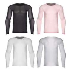 Men Gym Shirts Mesh See Through Blouses Transparent Tee Tops Compression Tights