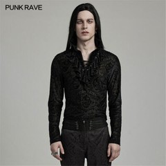 PUNK RAVE Black Gothic Retro Ruffled High Collar Pattern Velvet Shirt Men Top