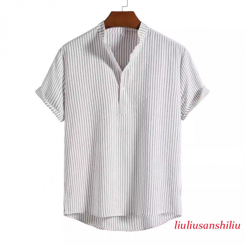 Summer Mens Loose Casual Shirt Cotton and Linen Stand Collar Short Sleeve Shirt gallery