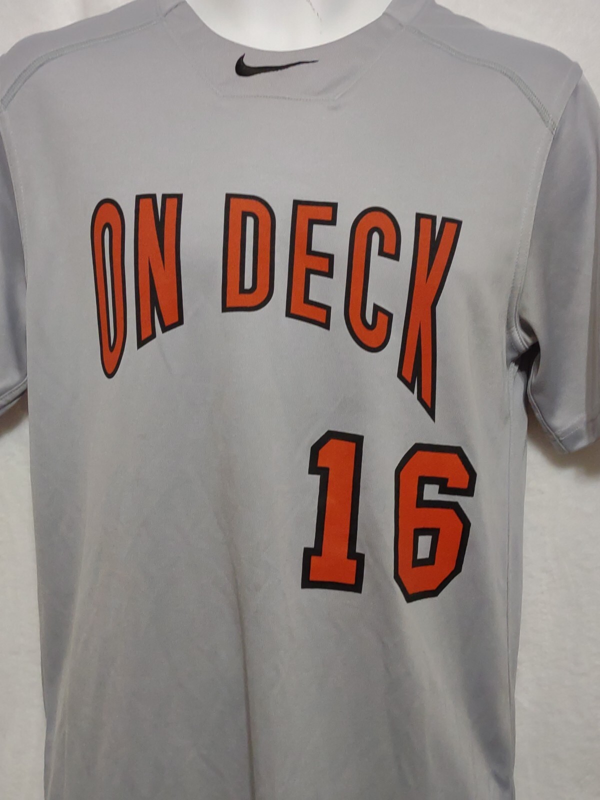 Baseball Jersey Shirt Size Small Nike On Deck 16 Gray with Orange Font Nike Logo gallery