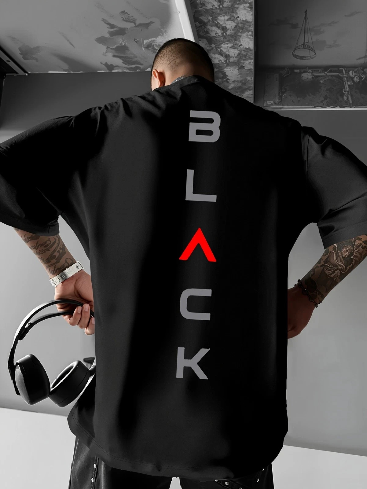 Men's Minimalist Black & Red colorblock T-Shirt with "BLACK" print gallery