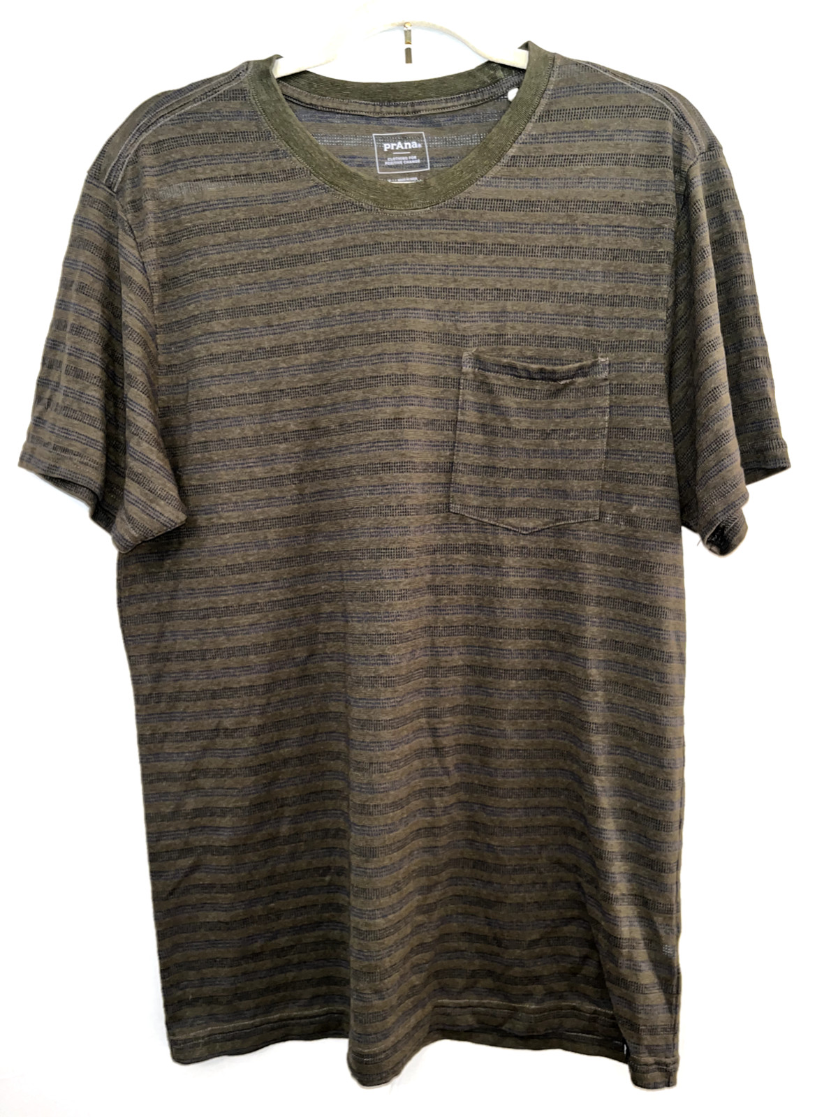 PRANA Men’s Cardiff Green Striped Hemp Tencel Short Sleeve Pocket T-Shirt L