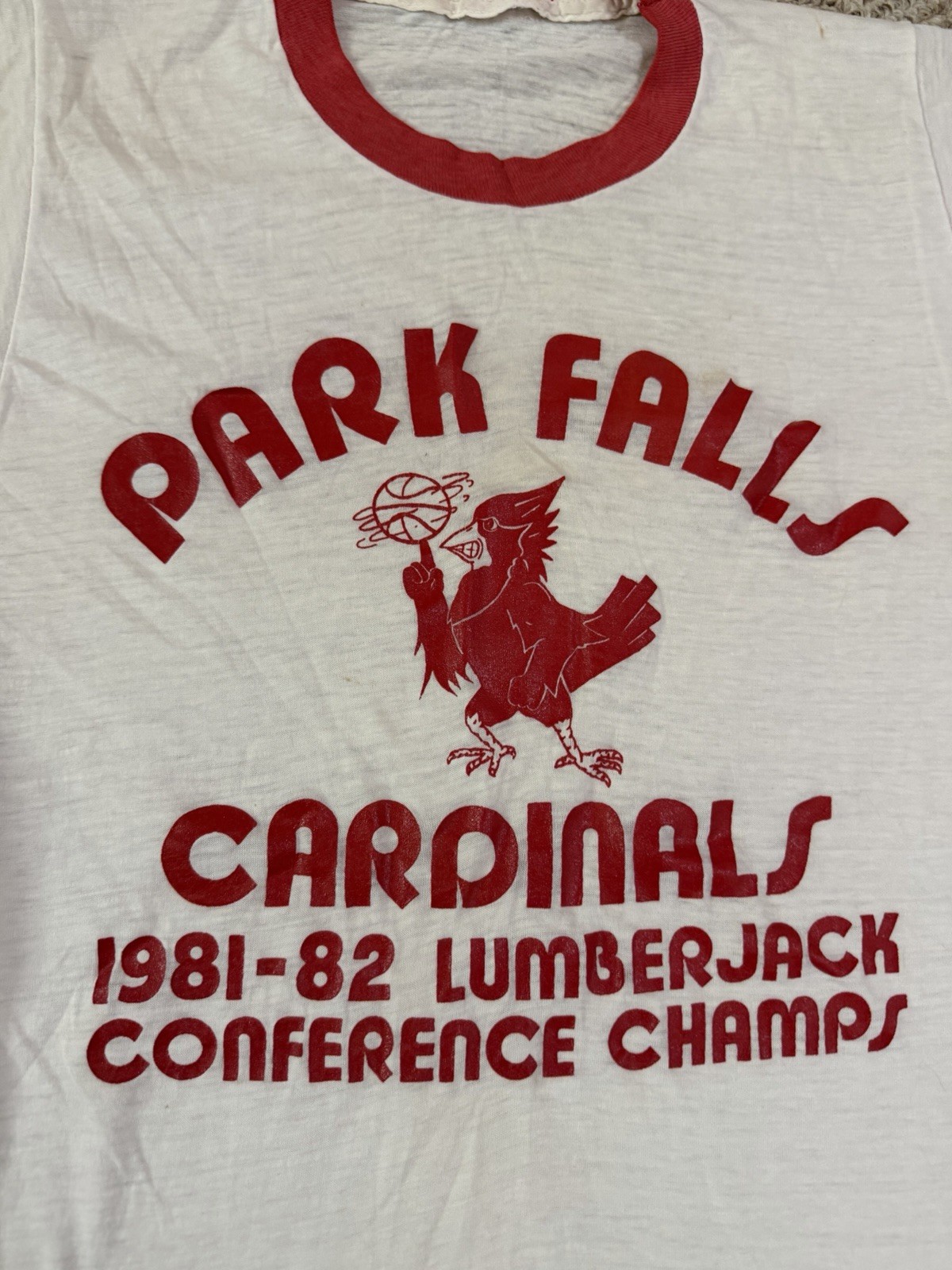 Vintage 80s Graphic Sheer Ringer Tee T Shirt Park Falls Wisconsin Cardinals gallery