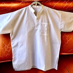 Pullover Casual Shirt Banded Collar V-Neck Egypt Symbols on Pocket Mens 54″ 3X