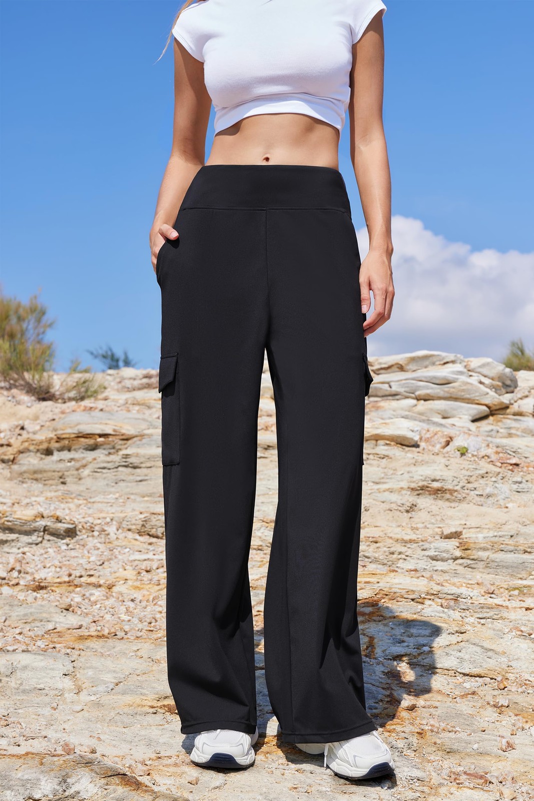 Women Casual Wide Leg Cargo Pants Stretch High Waisted Pull On Lounge Work Pa... gallery