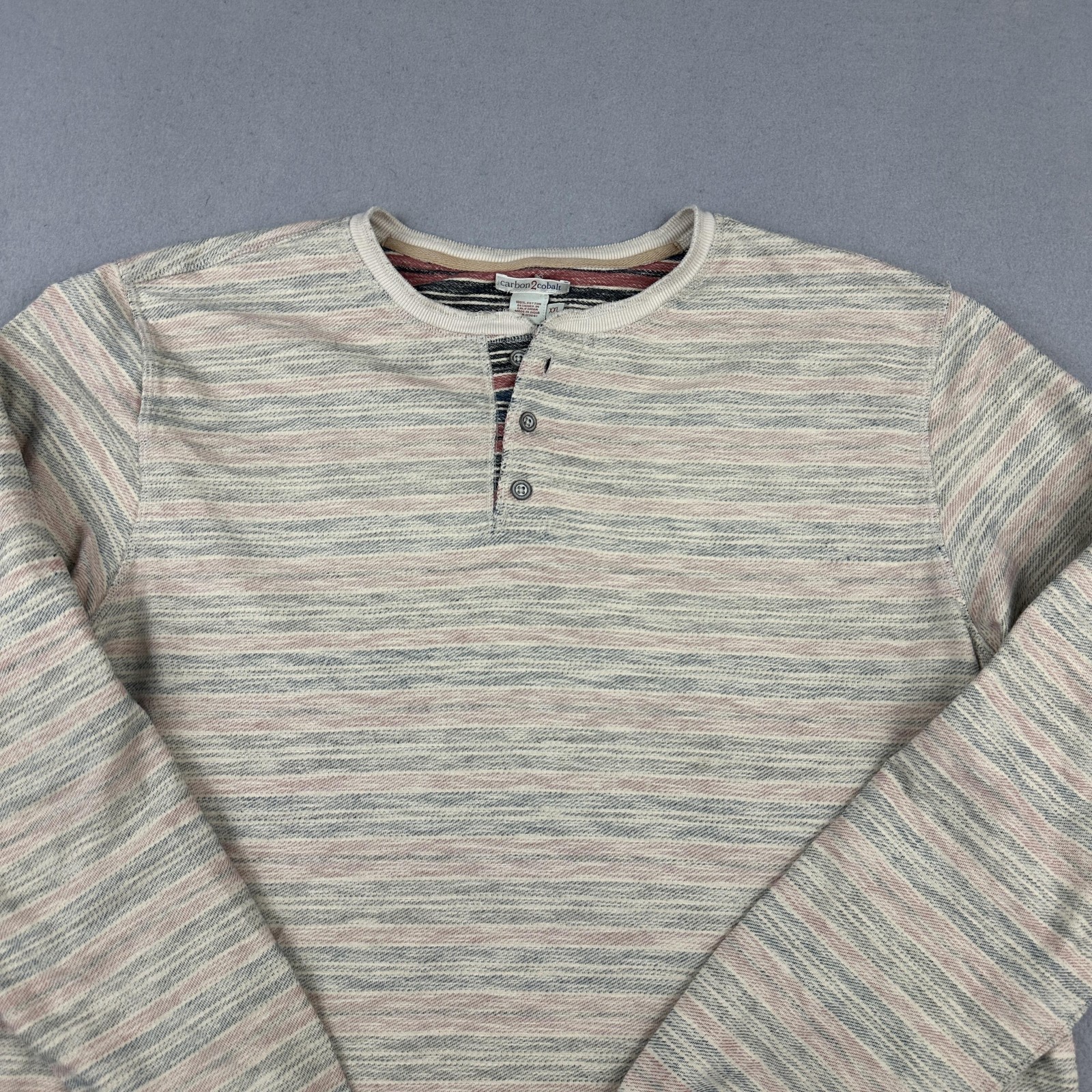 Carbon2Cobalt Shirt Men 2XL Beige Striped Henley Long Sleeve Knit Pullover XXL gallery