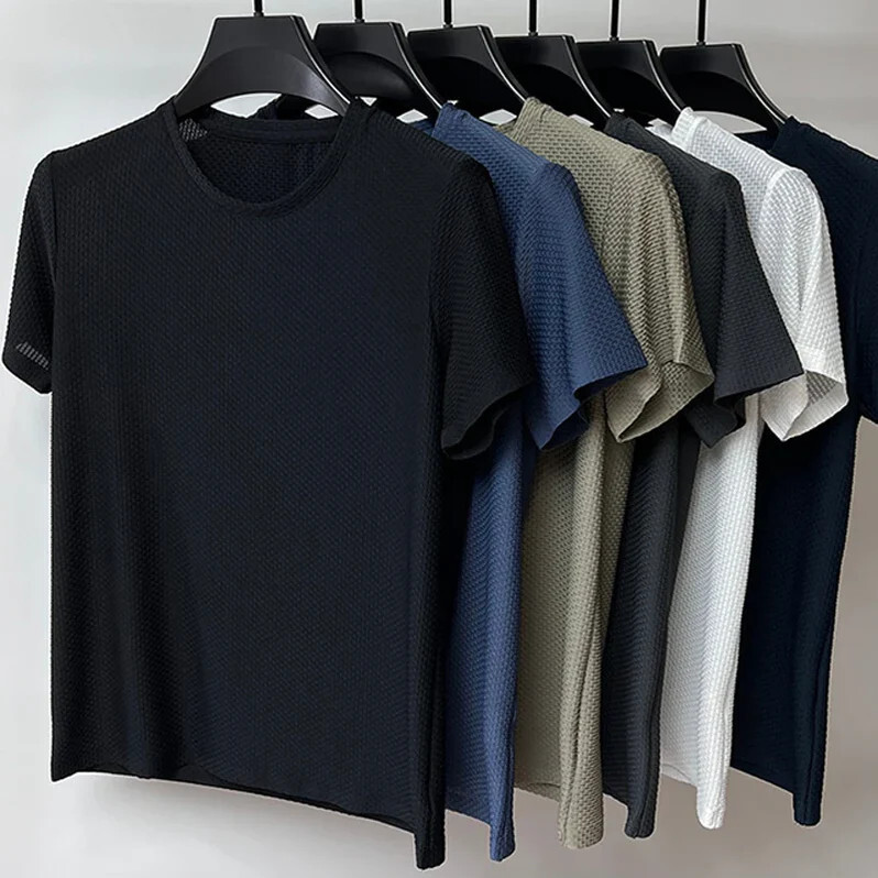 Bamboo Mesh Ice Silk Summer Slim Fit T-Shirt Men's Short Sleeved Round Neck gallery