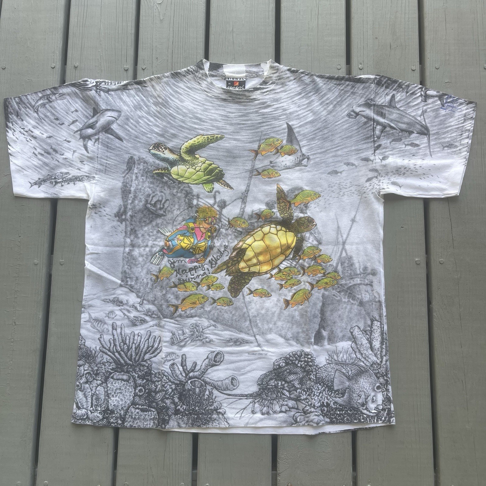 Vintage 90’s Scuba Diver Shipwreck Sharks Turtles Fish Sea Life AOP T-Shirt XL