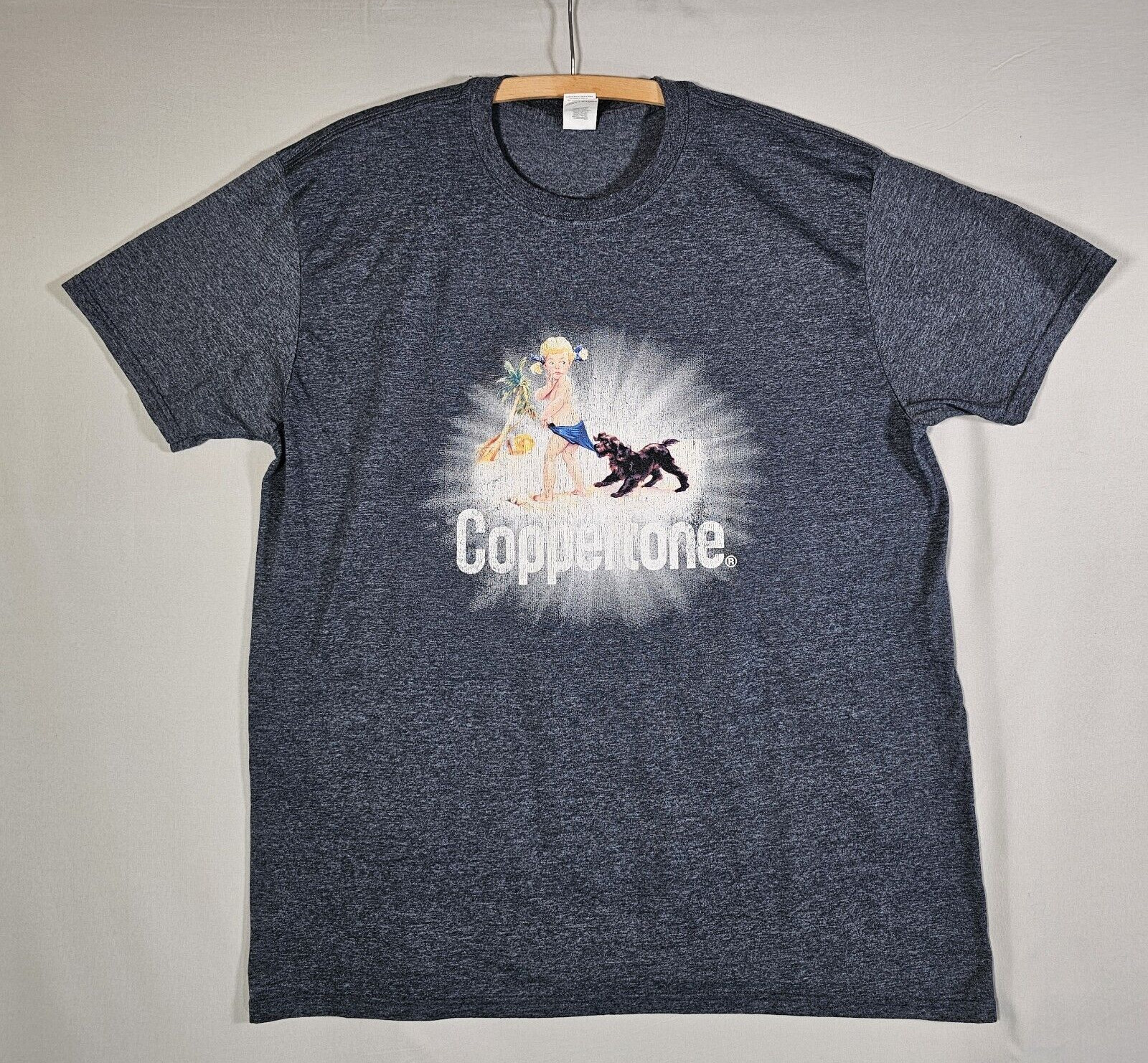 Vtg Gildan Tee Shirt XL Classic Coppertone Girl Logo Beach Dog Blue Short Sleeve gallery