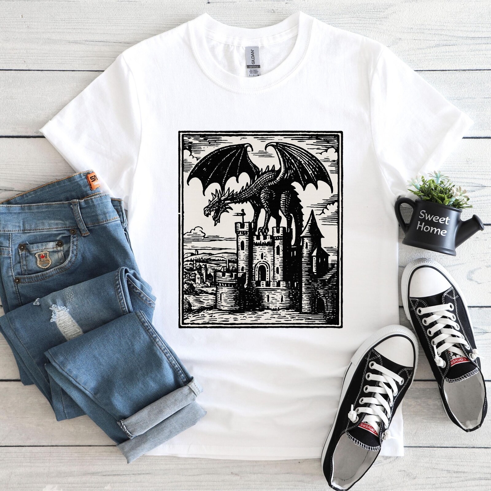 Dragon Vintage Dark Art Graphic Shirt,Dragon Castle Dark Art T-Shirt,Retro #31