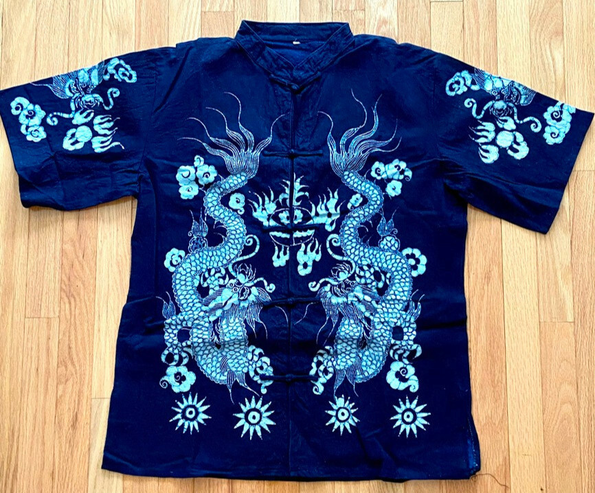 Rare Artistic Chinese Wax Printing Men's Top Double Dragon Cotton Stand Collar  gallery