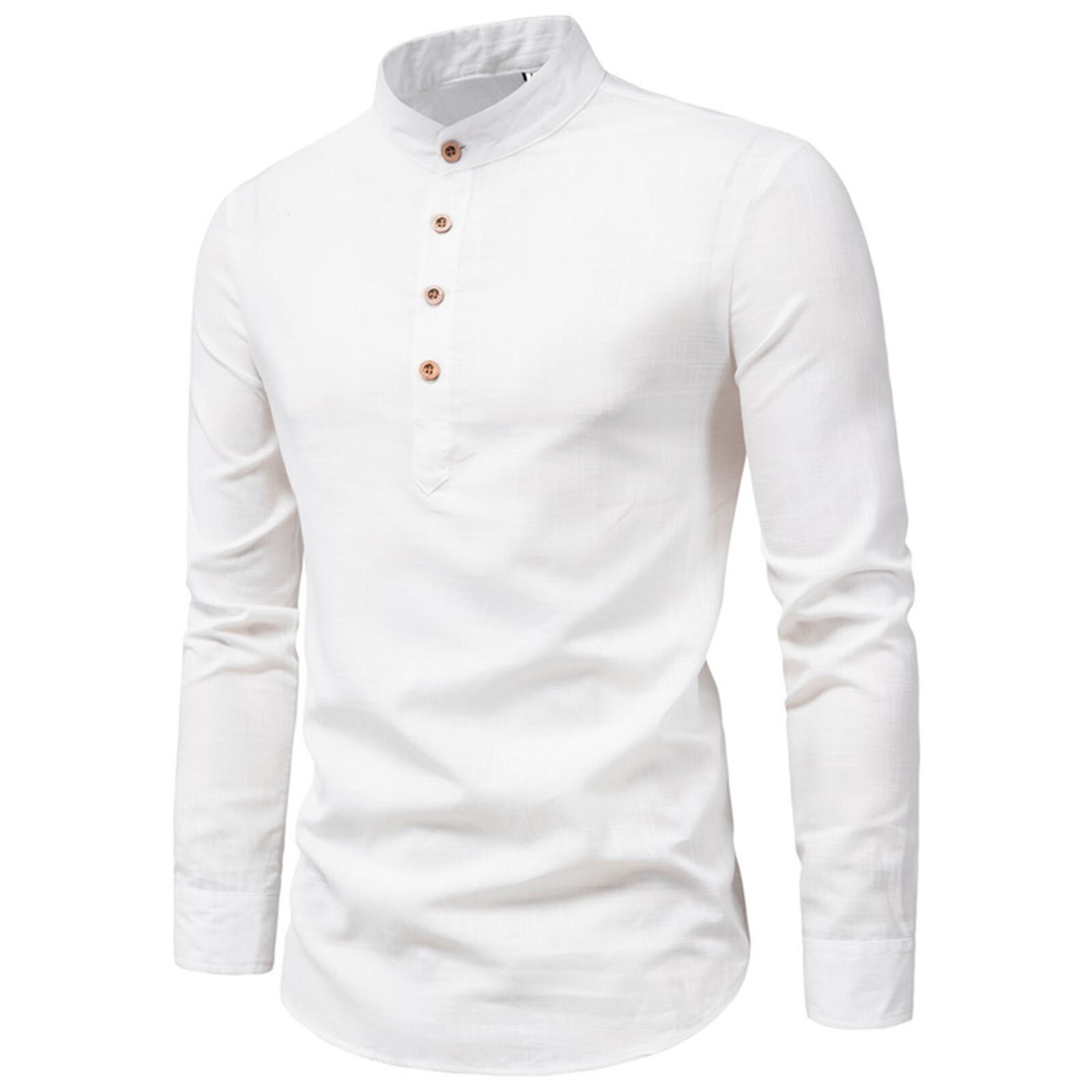 Mens Casual Cotton Shirt Long Sleeve Stand Collar Pullover Button Henley T-shirt gallery