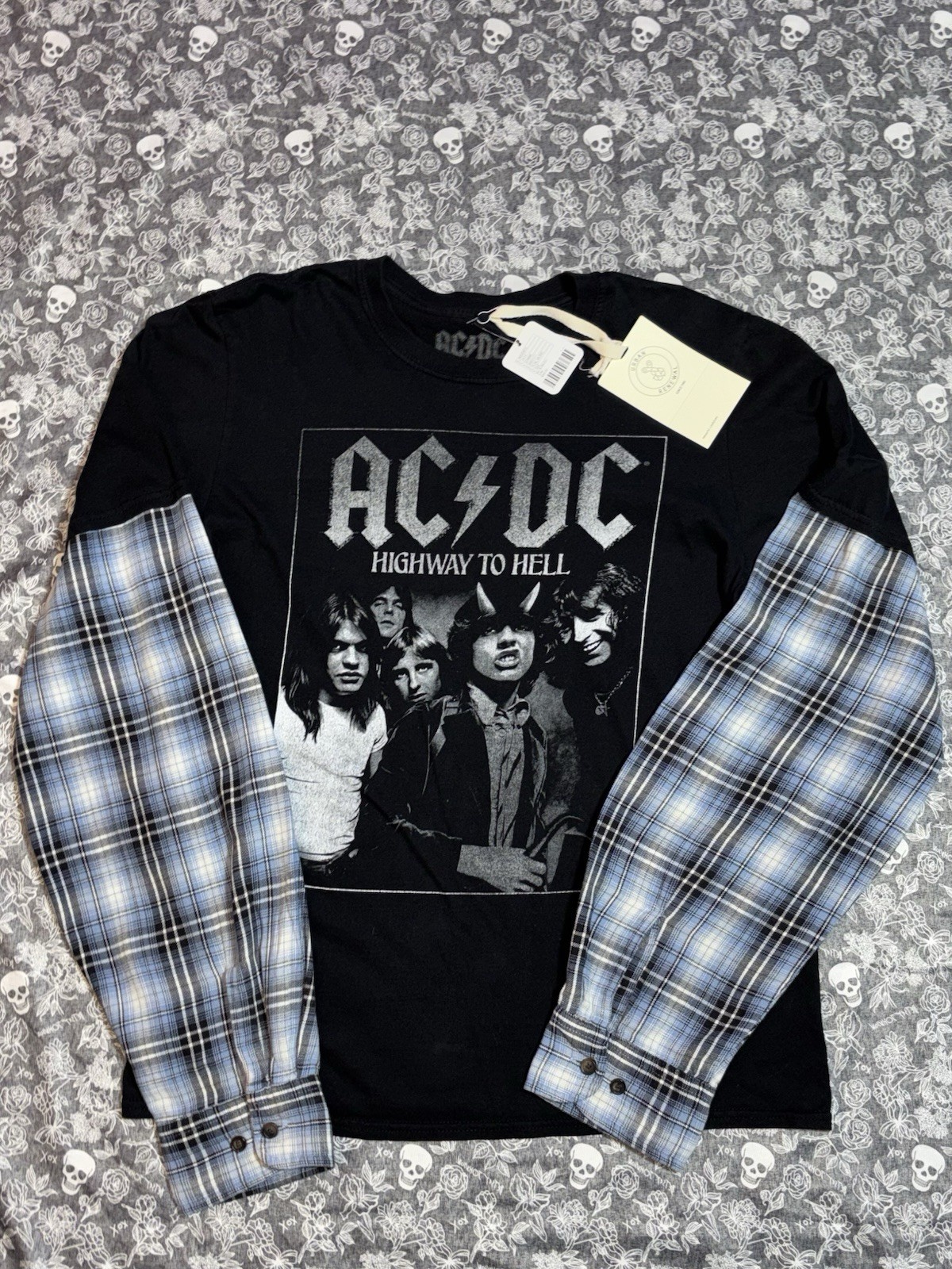 Brand New Tags AC/DC Black Long Sleeve Shirt With Blue Plaid Sleeves SizeMedium
