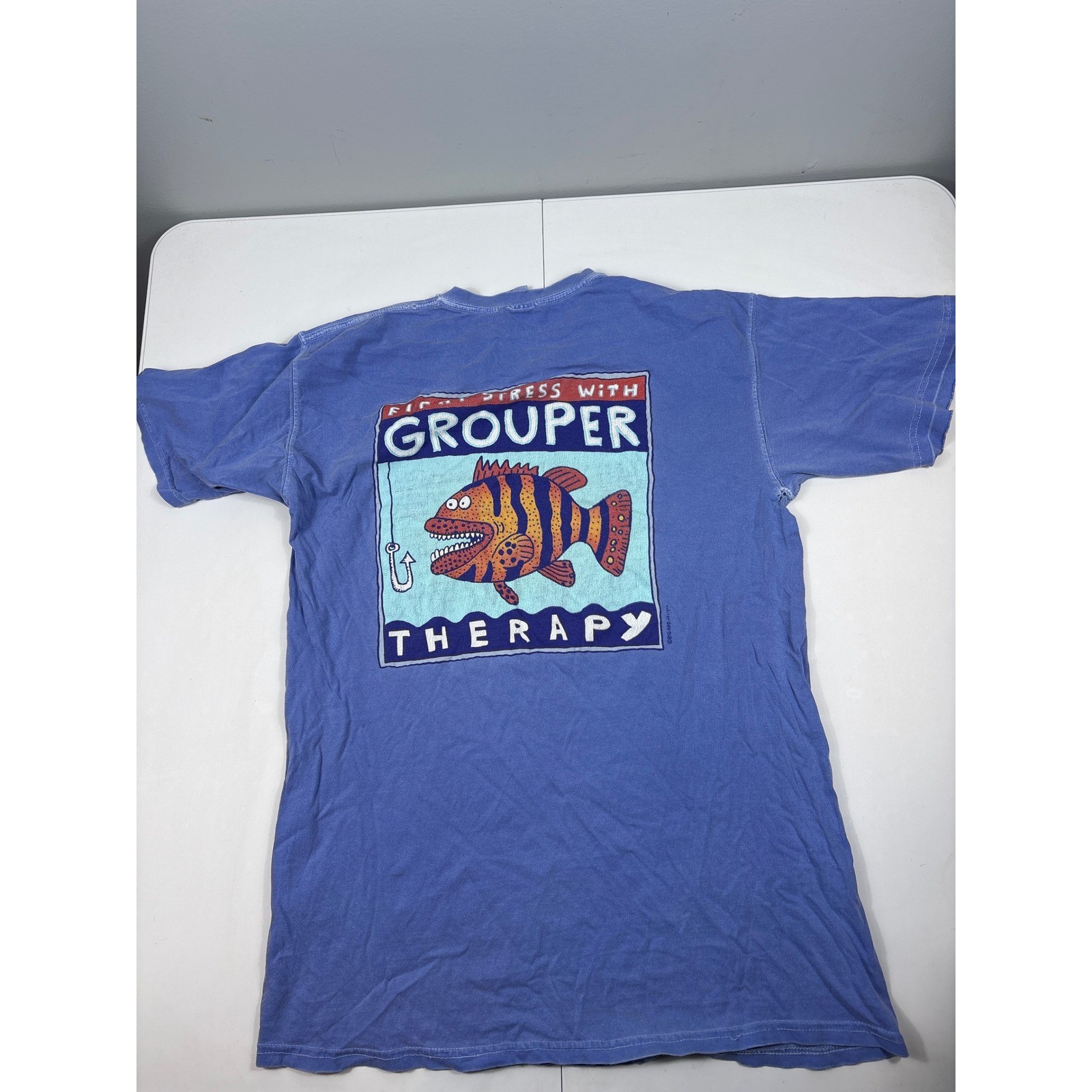 Comfort Colors Grouper Therapy Graphic T Shirt Blue Distressed Fishing Mens M gallery