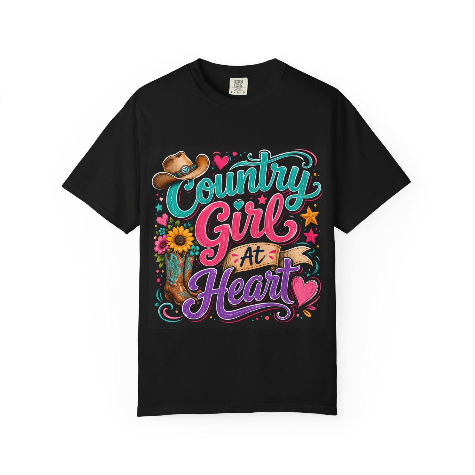 Country Girl At Heart T-Shirt | Cowgirl Hat, Sunflower, Boots
