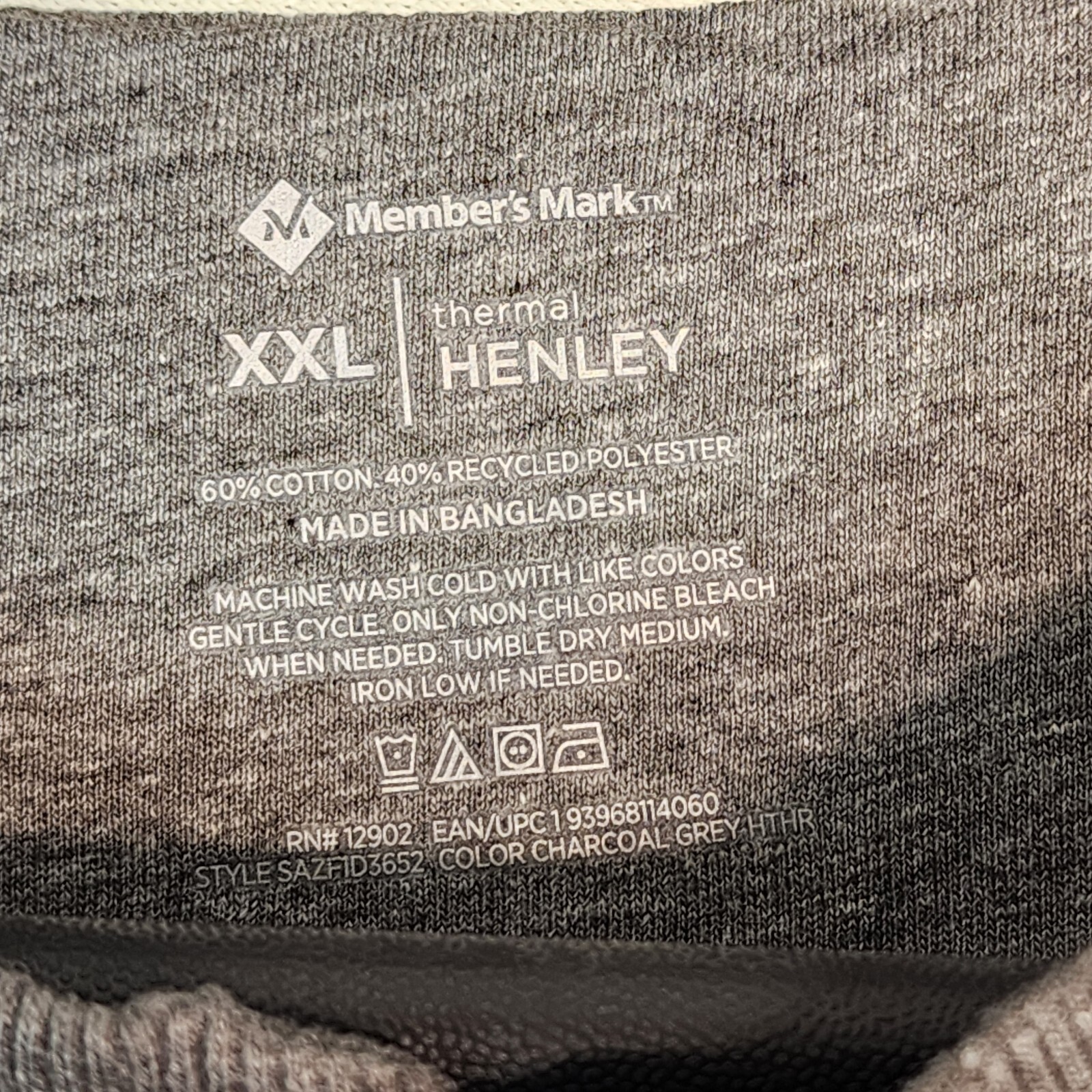 Members Mark Mens XXL Thermal Henley Shirt Charcoal Grey Waffle Knit New gallery