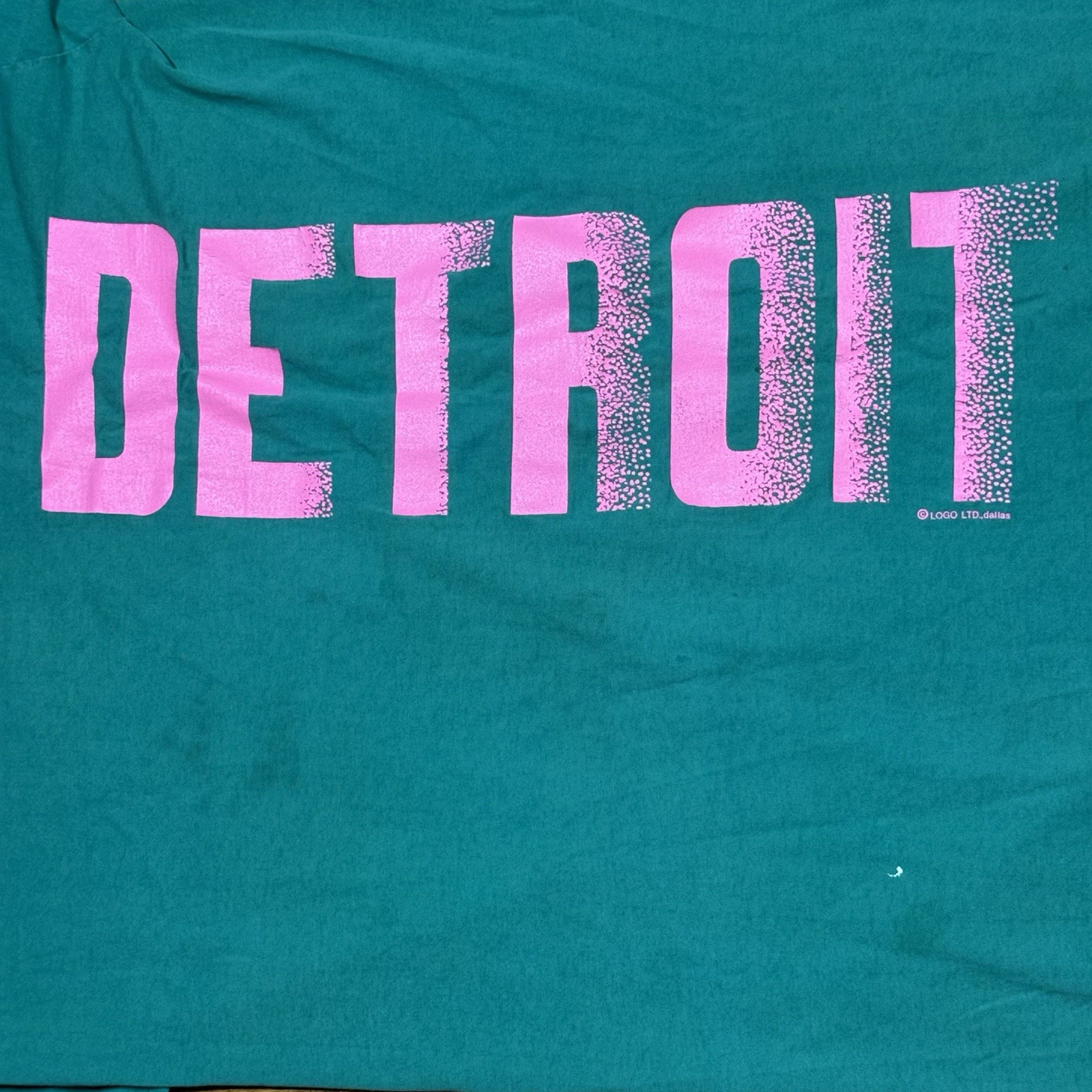 Vintage 90s Detroit Tall Tee T-Shirt OSFA Teal w/ Neon Pink Spellout Made In USA gallery