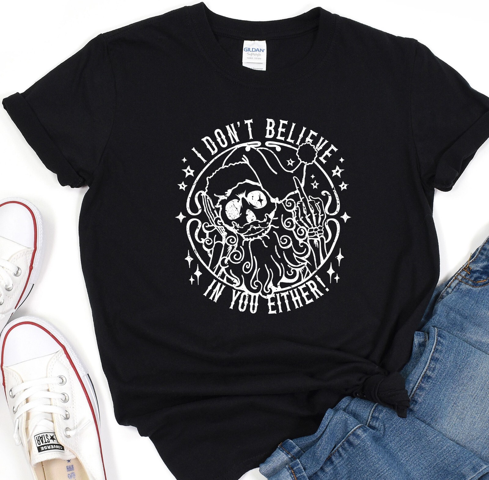 I Don't Believe In You Either T-Shirt, Christmas Shirt, Skeleton Santa Tee gallery