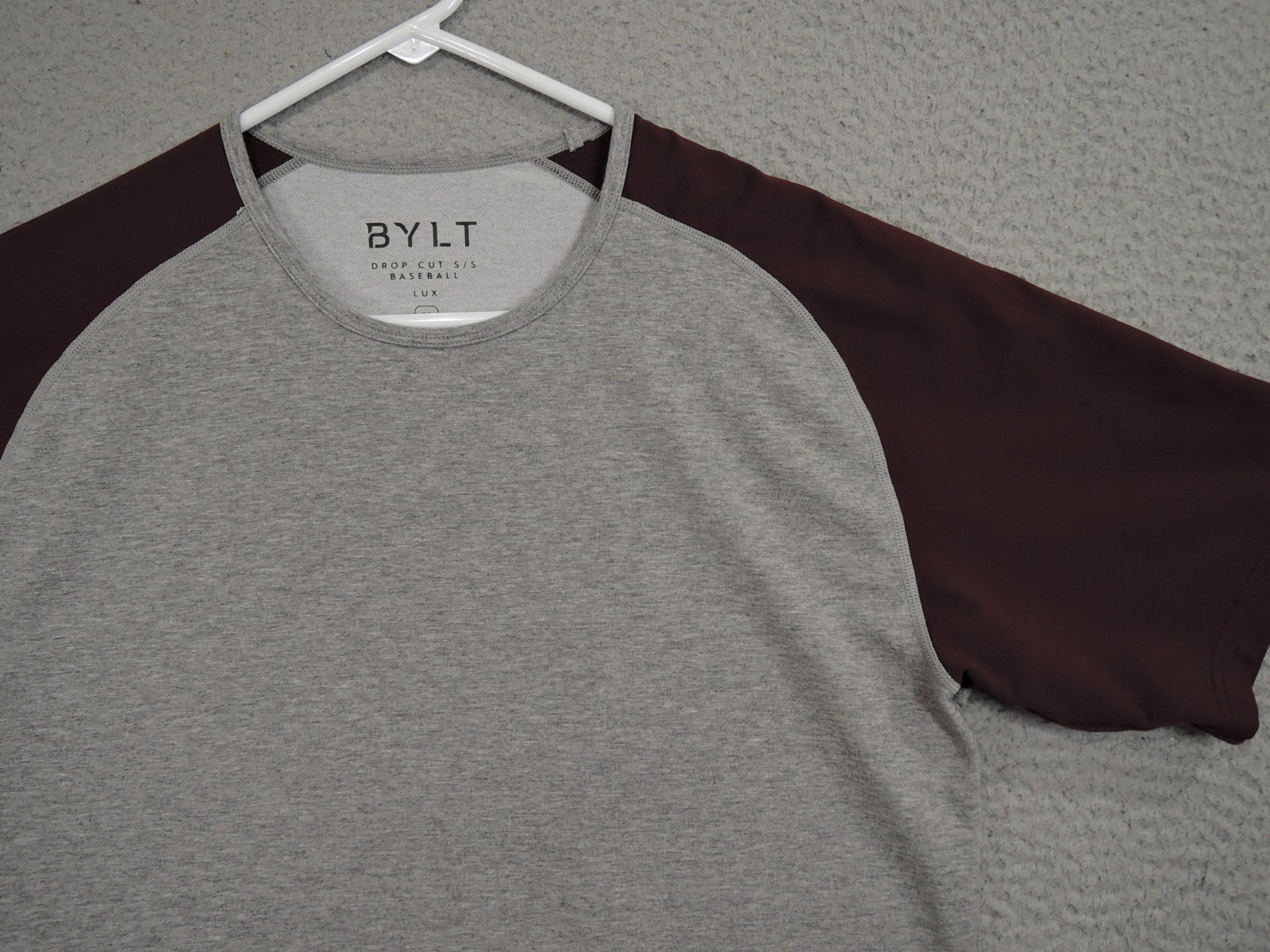 BYLT Shirt Mens Medium Gray Red Drop Cut Baseball Lux Workout Athletic Gym gallery