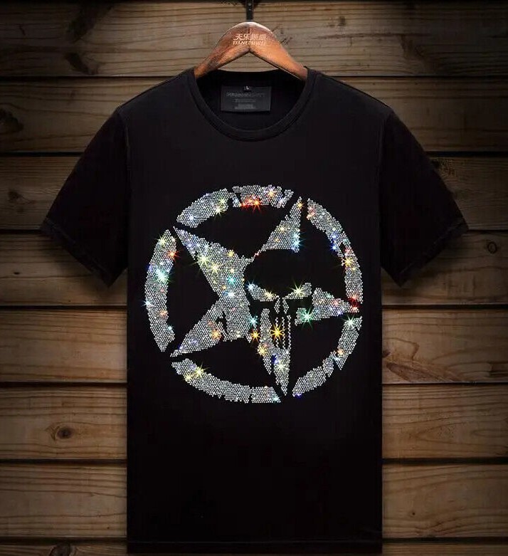 New Men Luxury Diamond Star Rhinestones Fashion Skull Black T-Shirt High Quality gallery