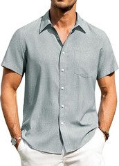 Men’s Linen Shirt Short Sleeve Button Down Wrinkle Free Casual Summer Beach Top