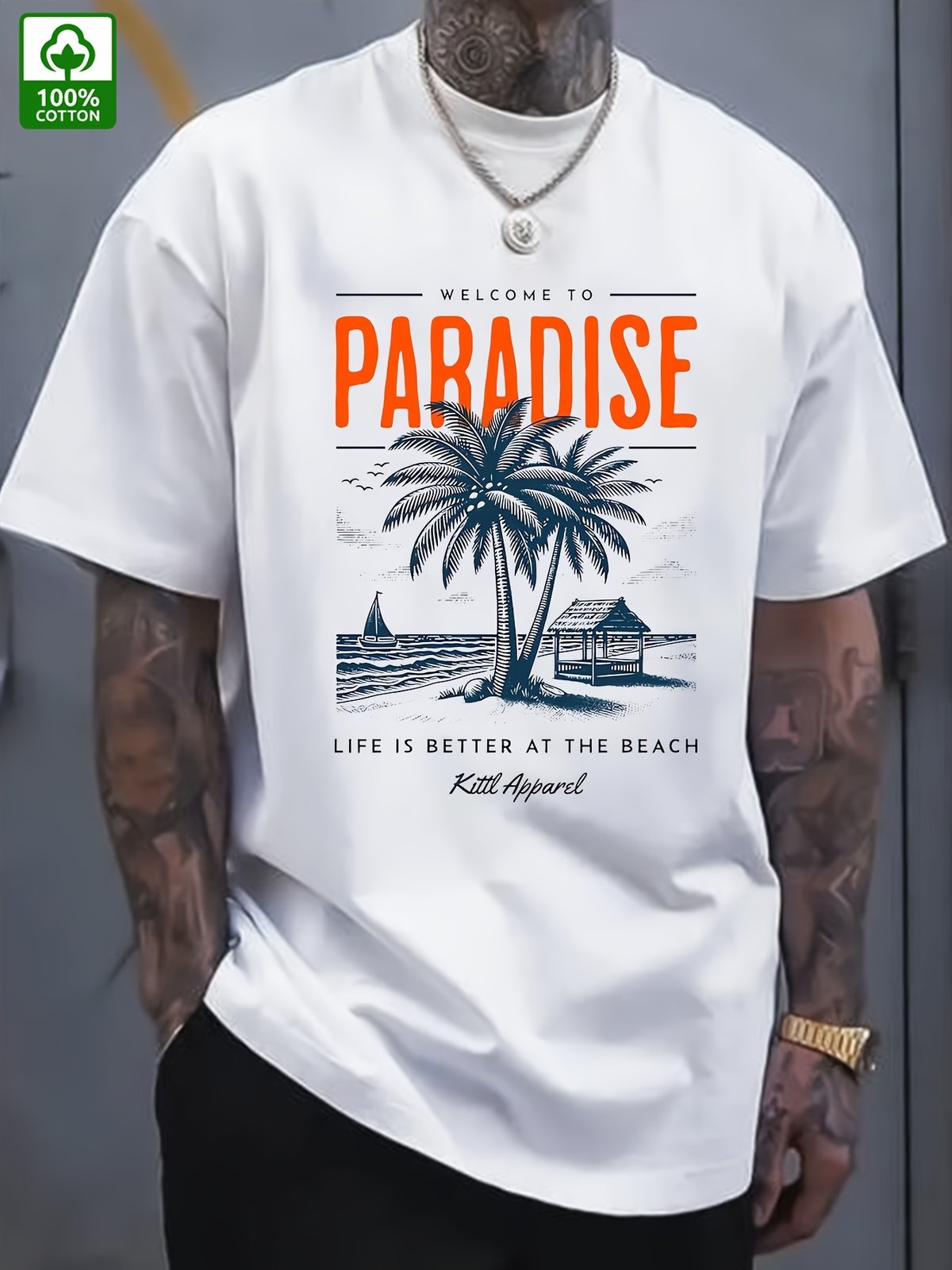 Tropical Beach Paradise Palm Tree Graphic Men’s T-Shirt Summer Vacation Tee gallery