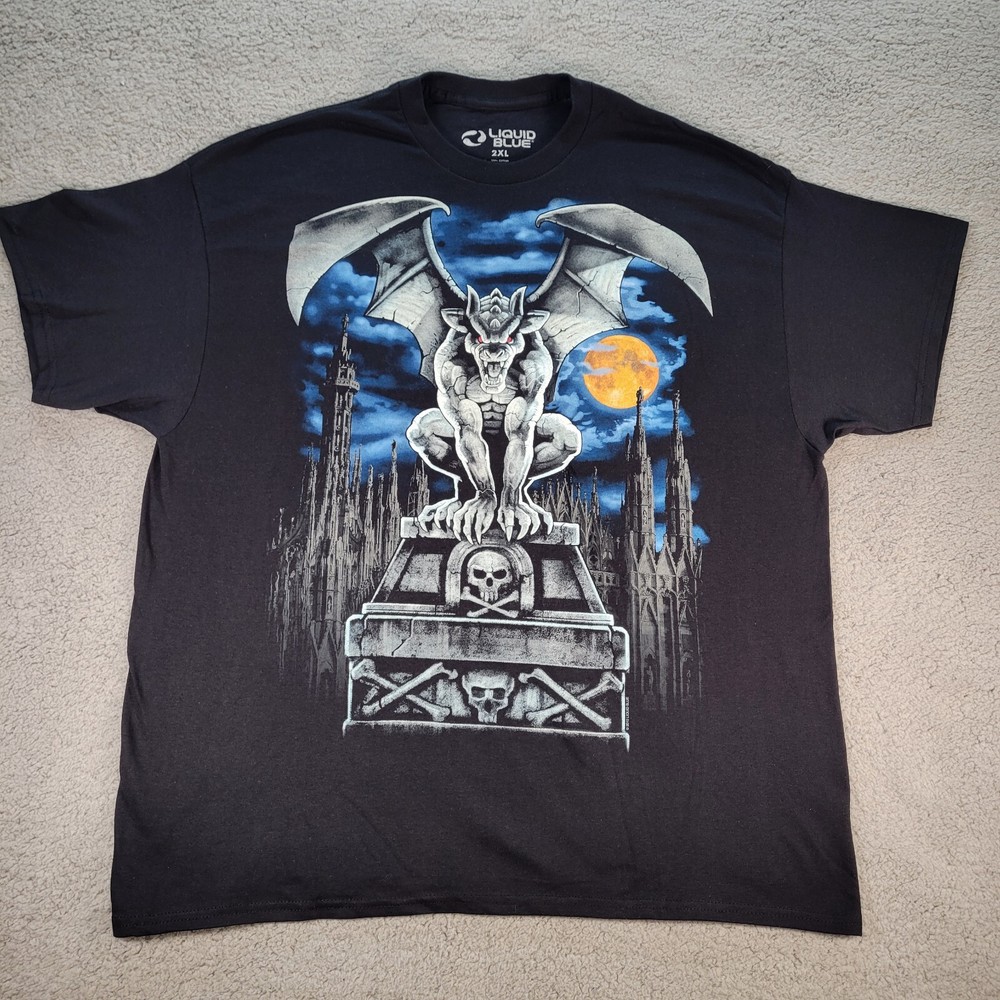 Liquid Blue Dark Fantasy Gargoyle Moon Black T-Shirt Size Men’s Size 2XL