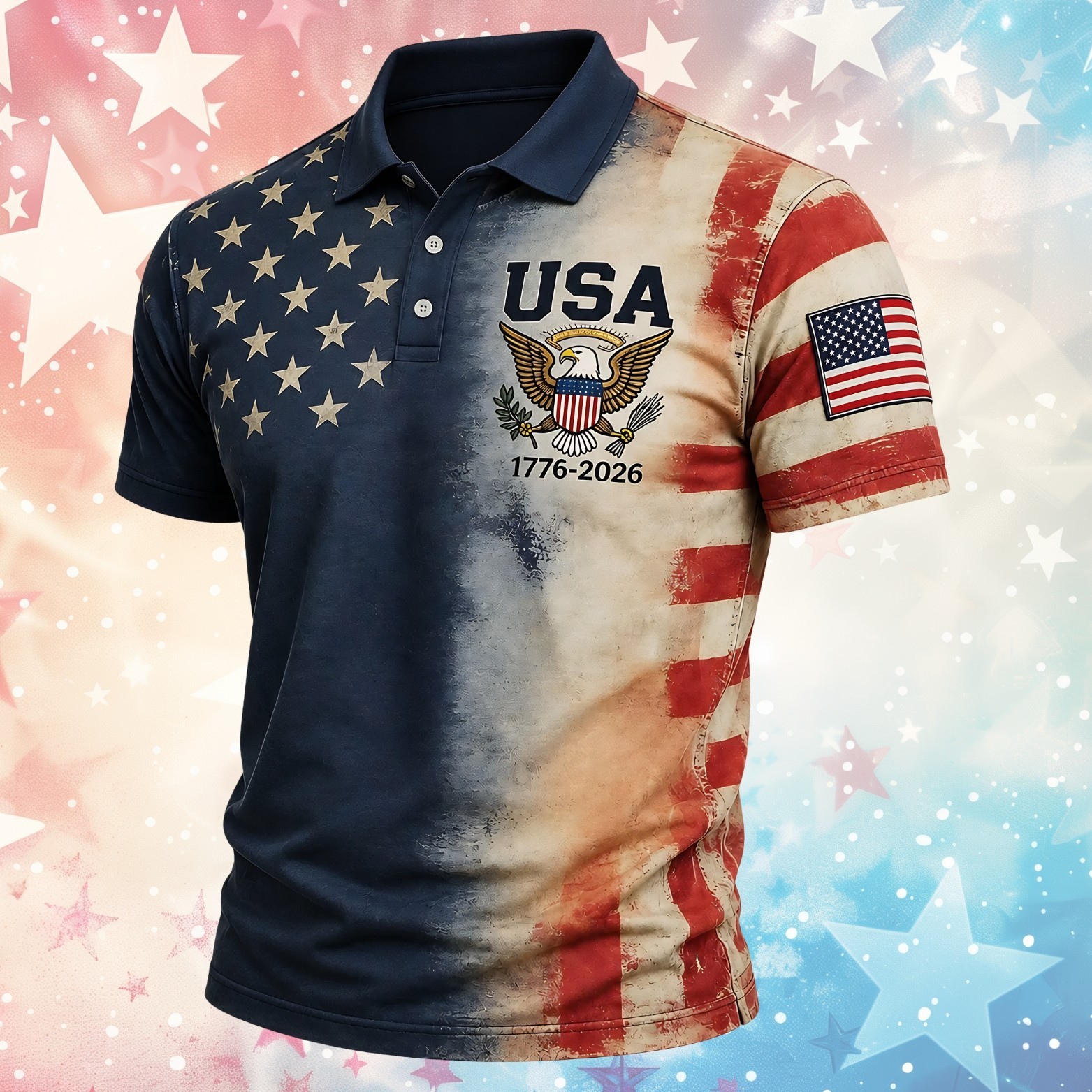 Vintage USA Polo Shirt, America 250th Anniversary 1776-2026 Distressed F (S-5XL) gallery