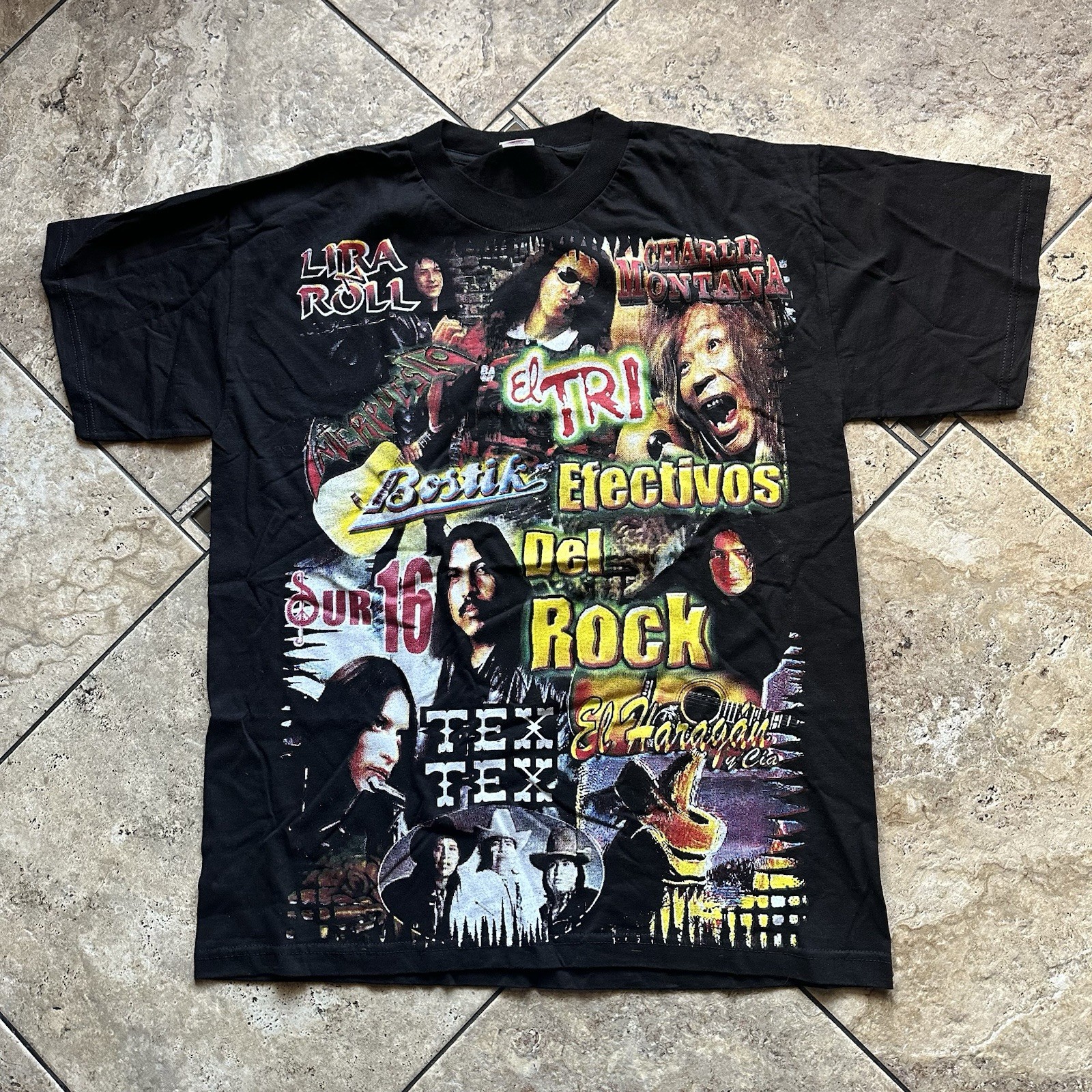 Rare Vintage 90s El TRI Shirt Mens XL Black Mexican Rock Band Double Sided AOP