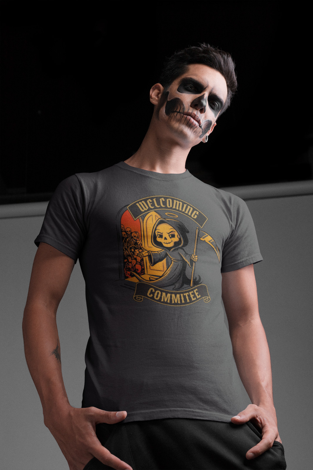Grim Reaper Welcome Committee Skull Funny Dark Humor Graphic T-Shirt Tee gallery