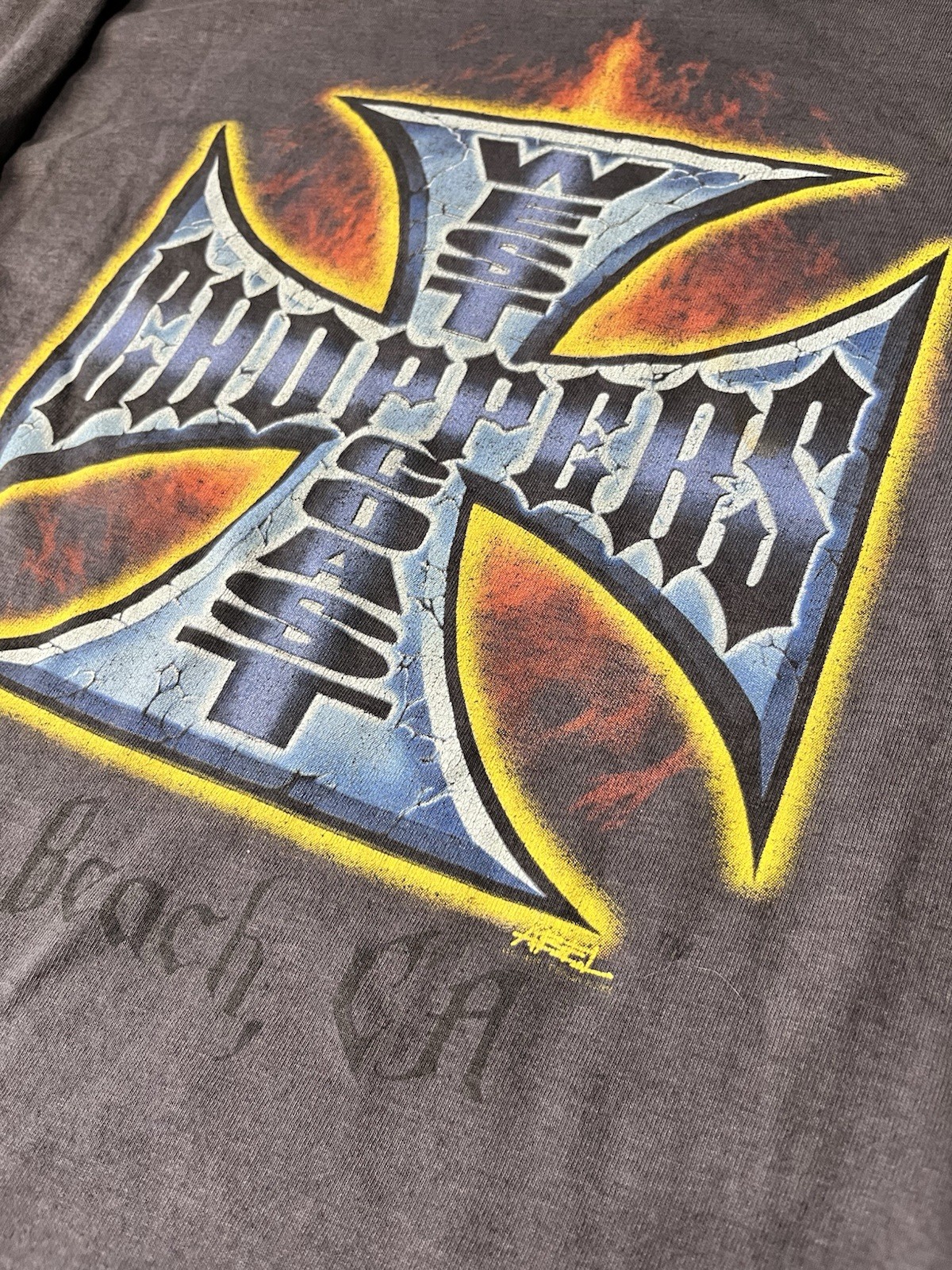 90s Jesse who west coast choppers flame sleeve size L tshirt with distressing gallery