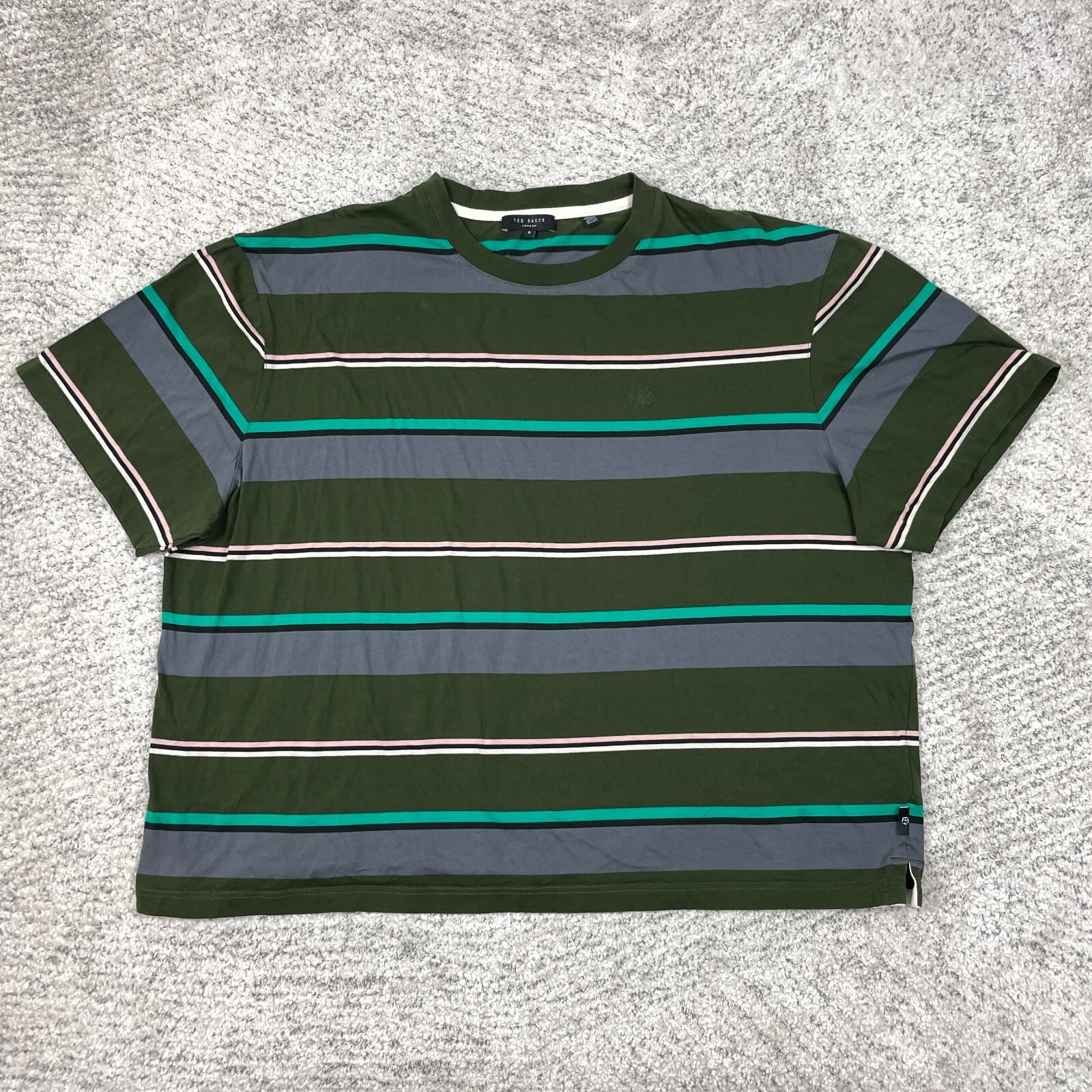 Ted Baker T-Shirt Mens Short Sleeve Crew Neck Green Gray Stripe Tee Logo GUC
