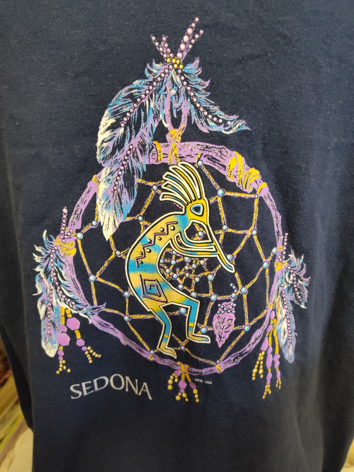 VINTAGE SEDONA AZ DREAM CATCHER DANCING INDIAN FLUTE DARK BLUE T SHIRT HANES XL gallery