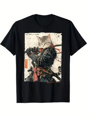 Samurai Cat Warrior Graphic T-Shirt Ukiyo-e Japanese Ink Art Tee