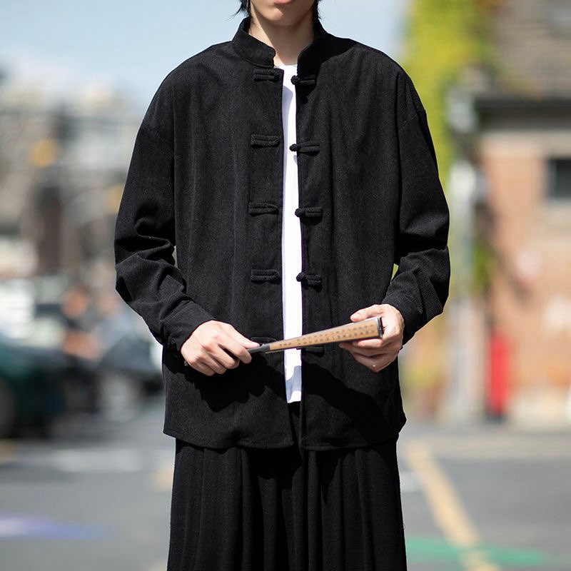 Retro Chinese Style Mens Corduroy Loose Casual Shirts Long Sleeve Coats Blouse