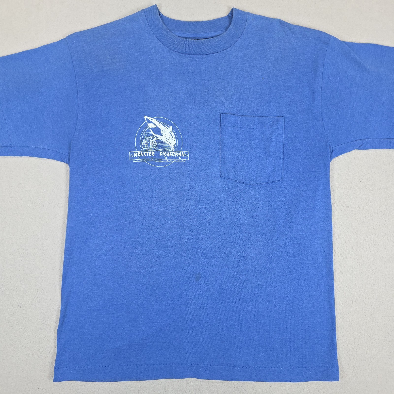 Vintage Monster Fisherman Shirt Mens Large Blue Huston Texas Club Shark Jaws gallery