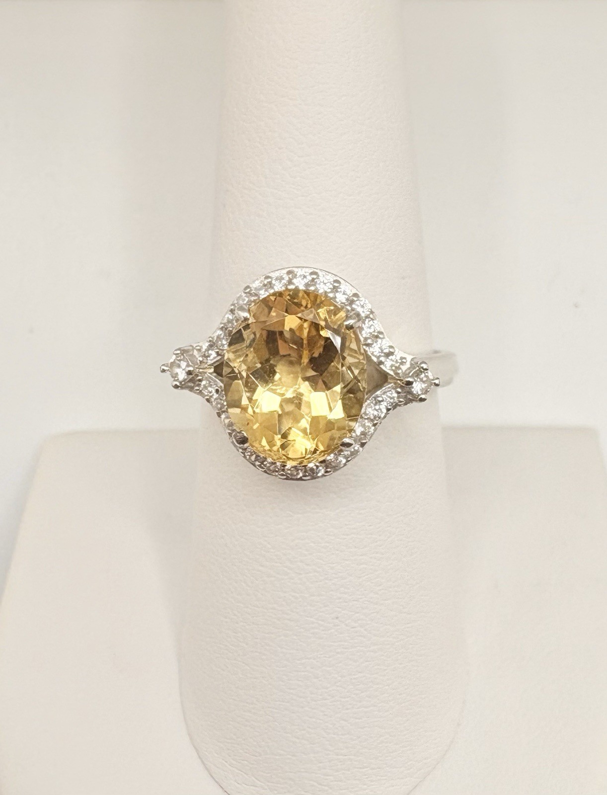 Oval Citrine Halo Ring 11×9 mm White Zircon Sterling Silver Size 8 D’Joy